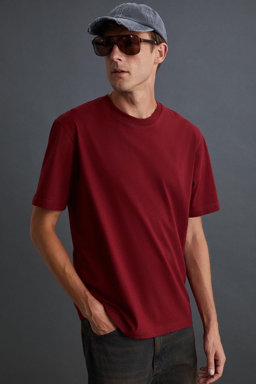 SOLO Erkek Süprem %100 Organik Pamuklu Kalın Dokulu Comfort Fit Bordo T-Shirt
