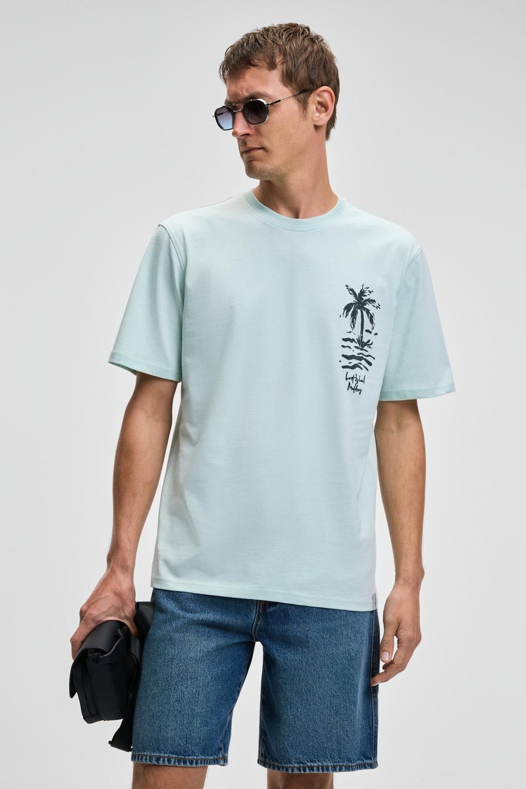 SONORA Erkek Baskı Detaylı %100 Organik Pamuk Regular Fit Kısa Kollu Açık Yeşil T-Shirt