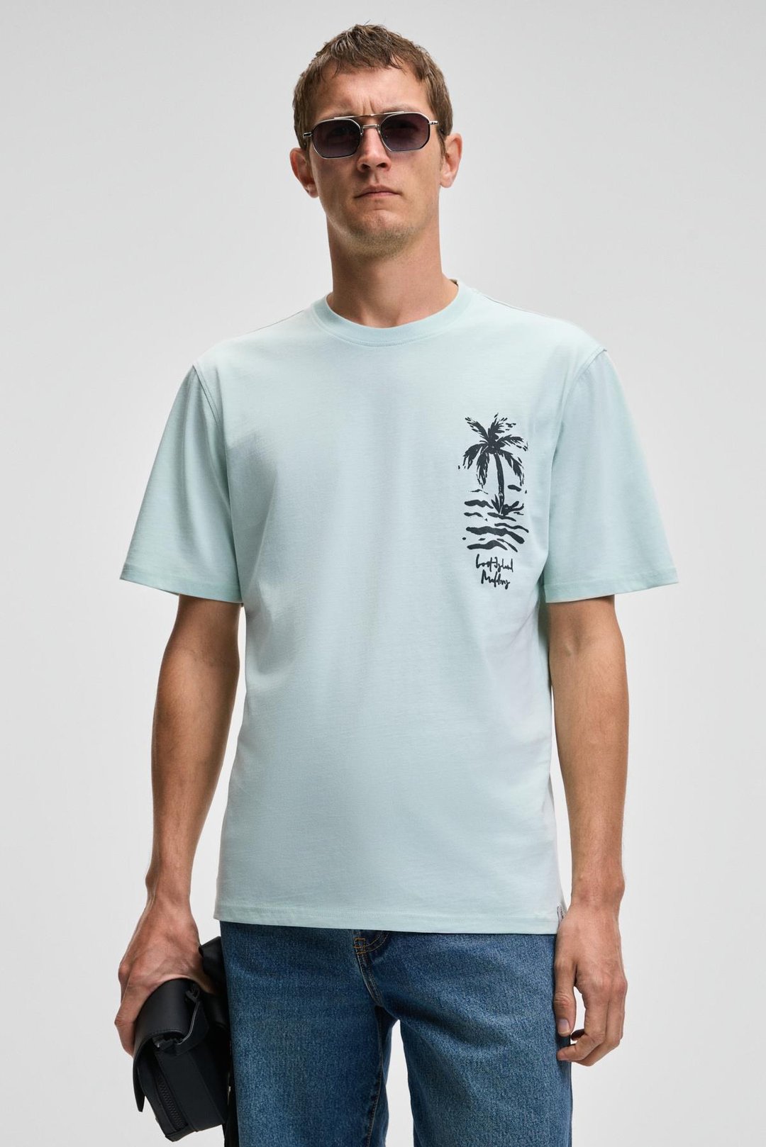 SONORA Erkek Baskı Detaylı %100 Organik Pamuk Regular Fit Kısa Kollu Açık Yeşil T-Shirt