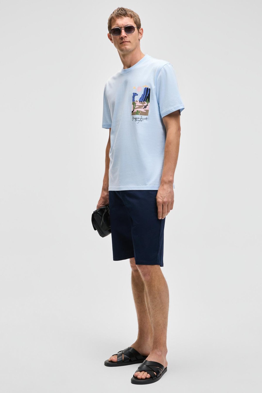 SONORA Erkek Baskı Detaylı %100 Organik Pamuk Regular Fit Kısa Kollu Mavi T-Shirt