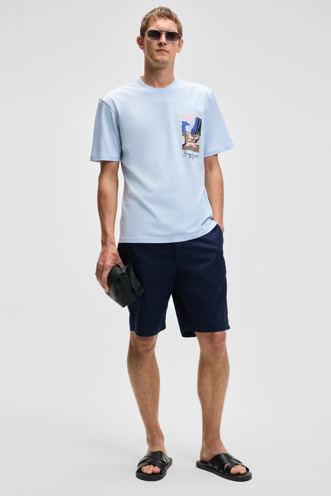 SONORA Erkek Baskı Detaylı %100 Organik Pamuk Regular Fit Kısa Kollu Mavi T-Shirt