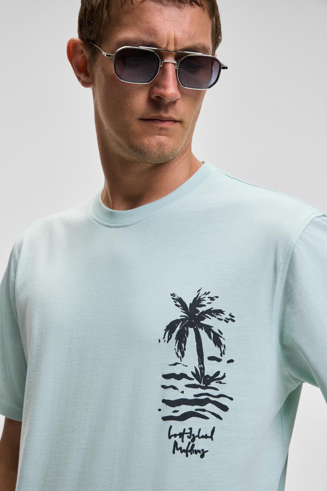 SONORA Erkek Baskı Detaylı %100 Organik Pamuk Regular Fit Kısa Kollu Açık Yeşil T-Shirt