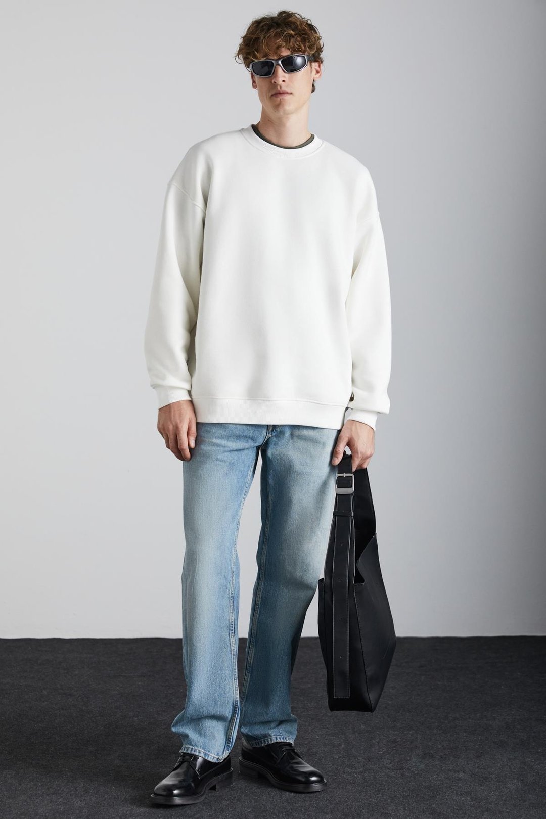 Stephan Erkek Yumuşacık Kumaşlı organik Pamuklu Oversize Fit Yuvarlak Yakalı Ekru Sweatshirt