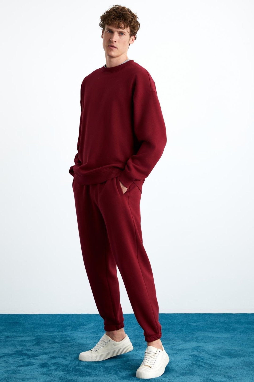 Stephan Erkek Yumuşacık Kumaşlı organik Pamuklu Oversize Fit Yuvarlak Yakalı Kırmızı Sweatshirt