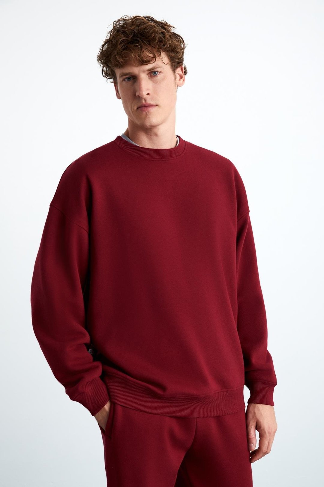 Stephan Erkek Yumuşacık Kumaşlı organik Pamuklu Oversize Fit Yuvarlak Yakalı Kırmızı Sweatshirt