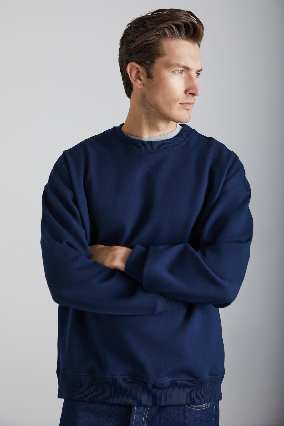 Stephan Erkek Yumuşacık Kumaşlı organik Pamuklu Oversize Fit Yuvarlak Yakalı Lacivert Sweatshirt