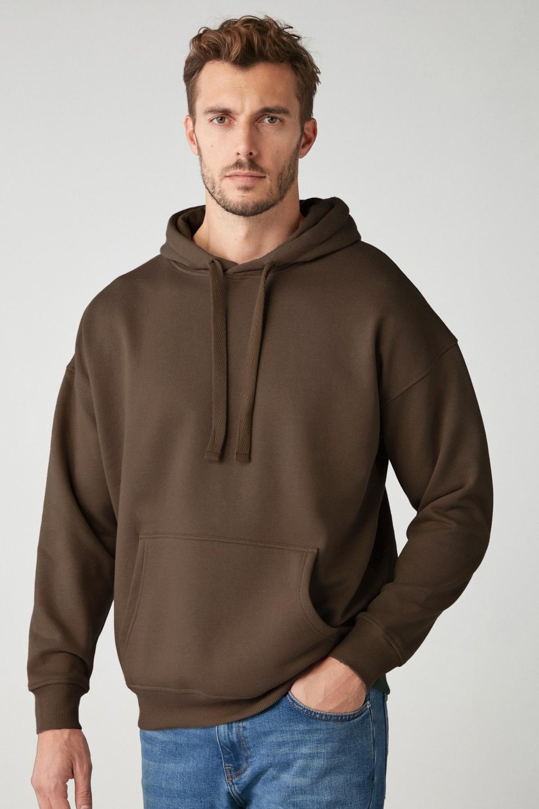 STEVE Erkek Yumusaçık Kumaşlı Kordonlu Oversize Kapüşonlu Kanguru Cepli Kahverengi Sweatshirt
