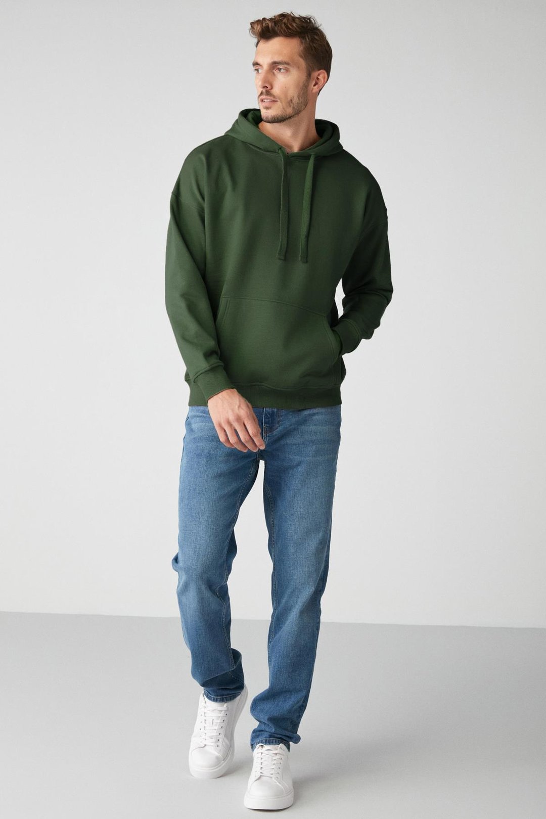 STEVE Erkek Yumusaçık Kumaşlı Kordonlu Oversize Kapüşonlu Kanguru Cepli Koyu Yeşil Sweatshirt