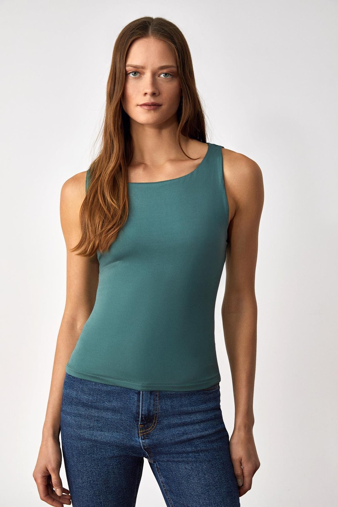 STICKS Kadın Kolsuz Kare Yaka Slim Yeşil Bluz