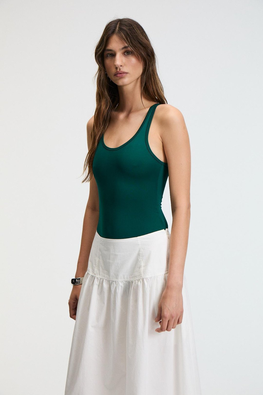 SUEVAS Kadın Sıfır Kol Çıt Çıtlı Oyuk Yaka Slim Fit Yeşil Atlet