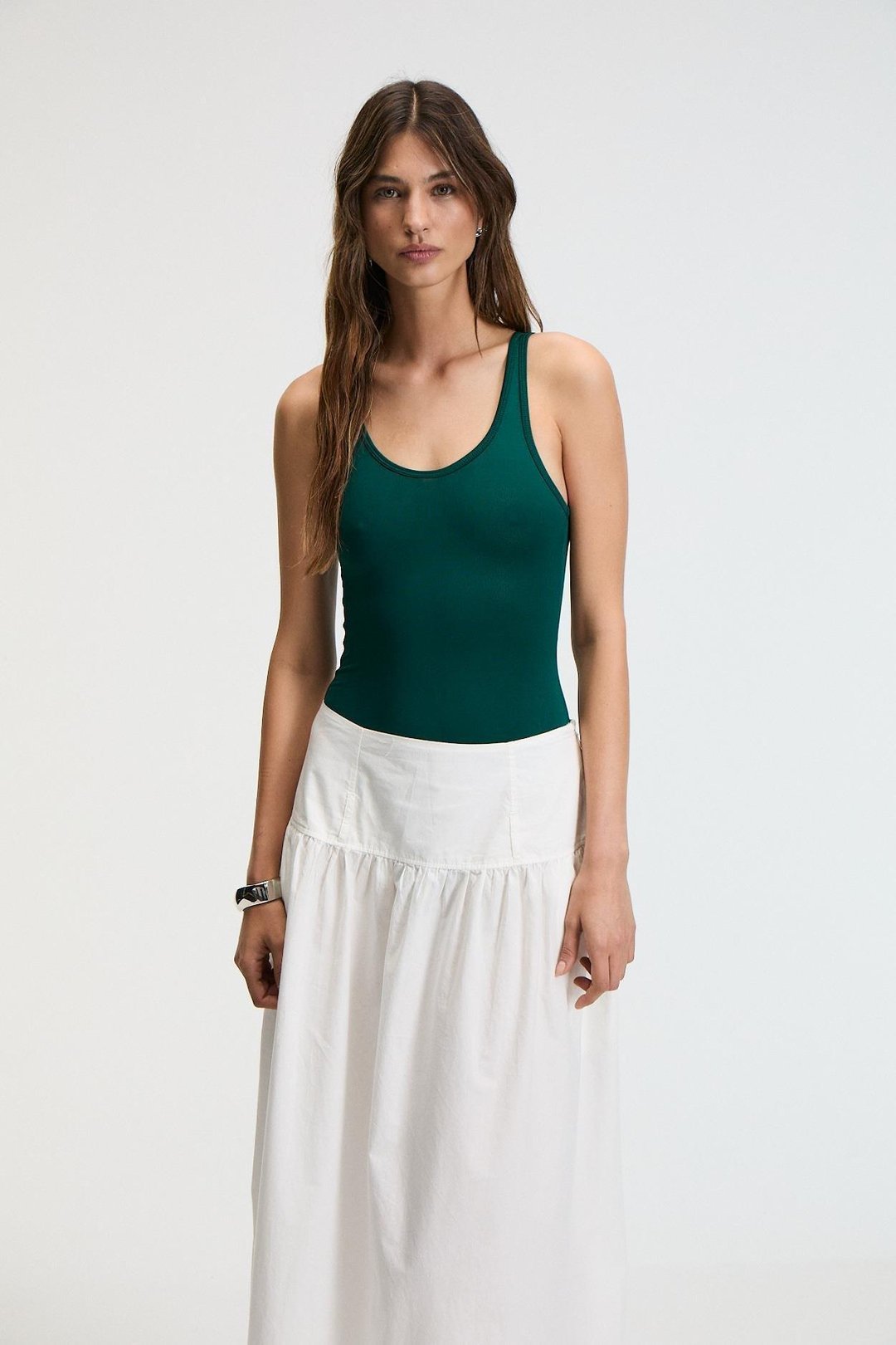 SUEVAS Kadın Sıfır Kol Çıt Çıtlı Oyuk Yaka Slim Fit Yeşil Atlet