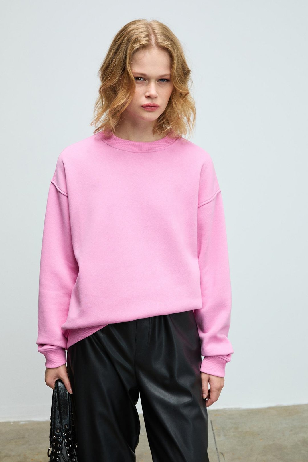 SUSANA Kadın Bisiklet Yaka İçi Polarlı Oversize Fit Basic Açık Pembe Sweatshirt