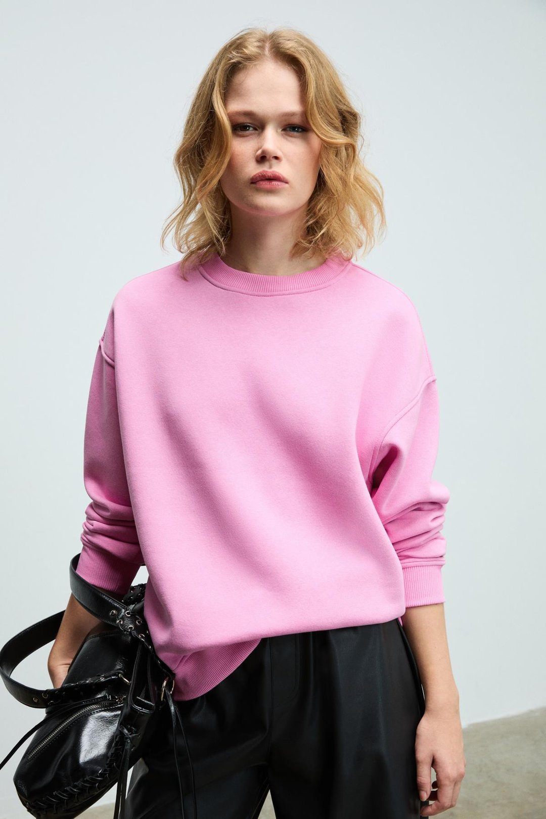 SUSANA Kadın Bisiklet Yaka İçi Polarlı Oversize Fit Basic Açık Pembe Sweatshirt
