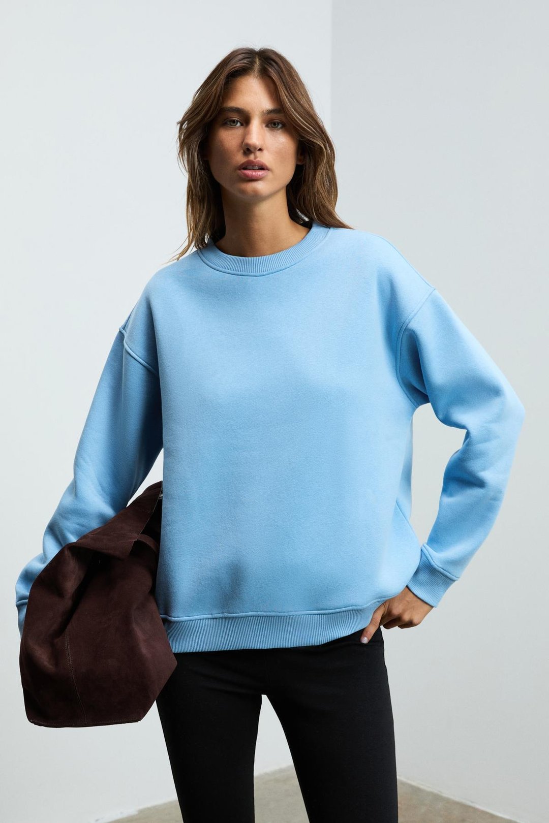 SUSANA Kadın Bisiklet Yaka İçi Polarlı Oversize Fit Basic Mavi Sweatshirt