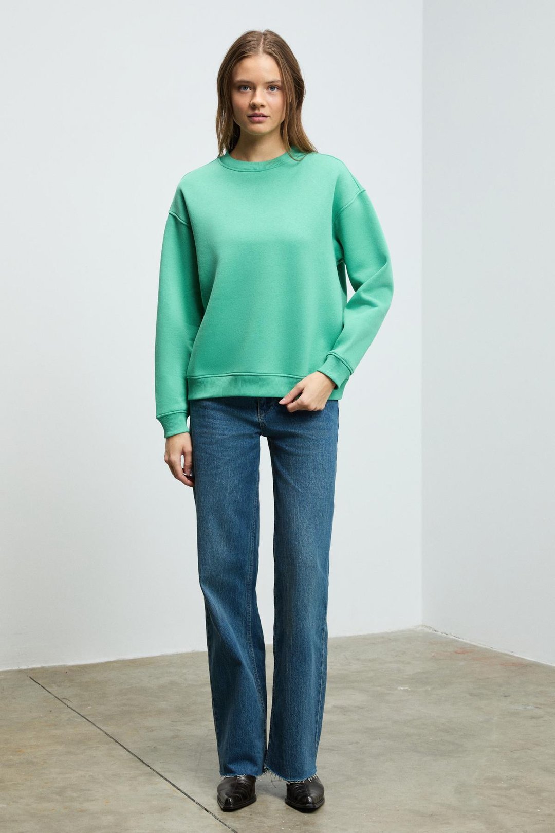 SUSANA Kadın Bisiklet Yaka İçi Polarlı Oversize Fit Basic Mint Yeşil Sweatshirt