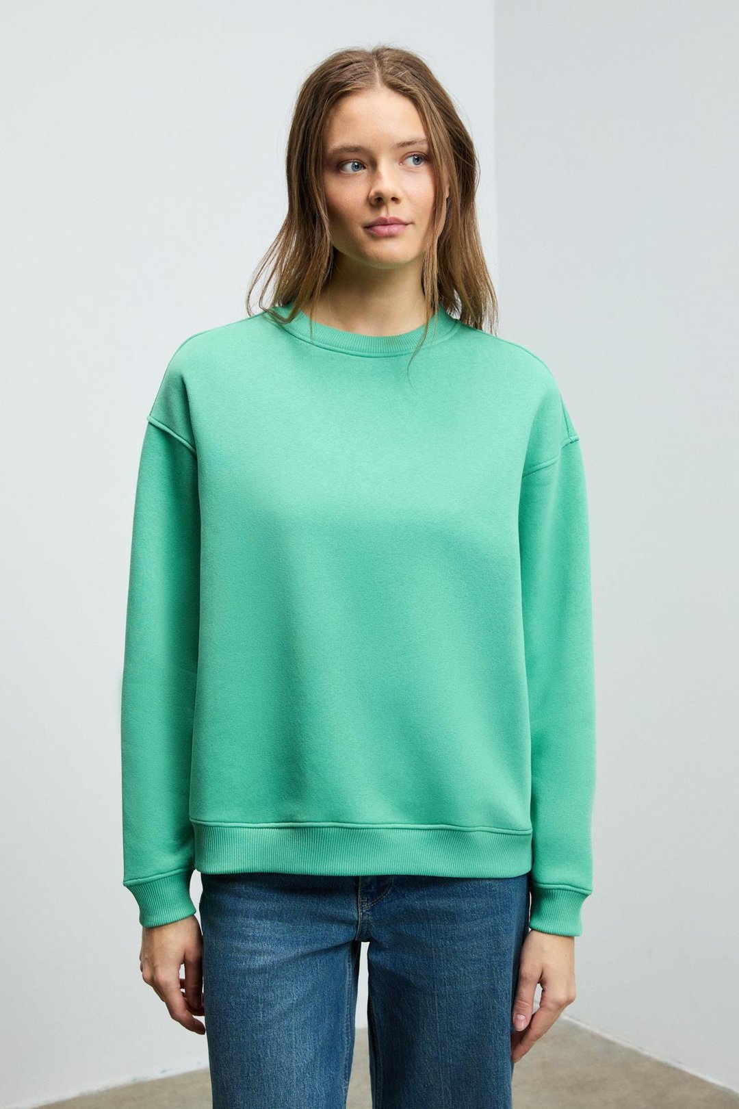 SUSANA Kadın Bisiklet Yaka İçi Polarlı Oversize Fit Basic Mint Yeşil Sweatshirt