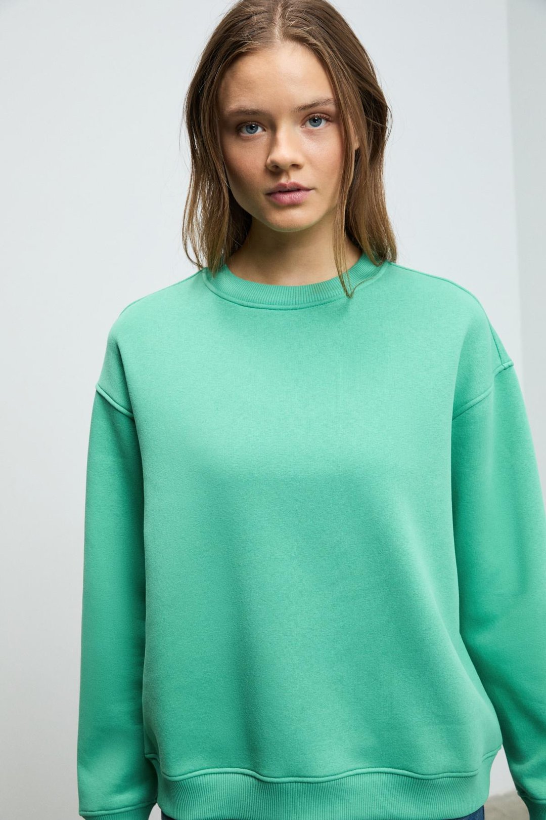 SUSANA Kadın Bisiklet Yaka İçi Polarlı Oversize Fit Basic Mint Yeşil Sweatshirt
