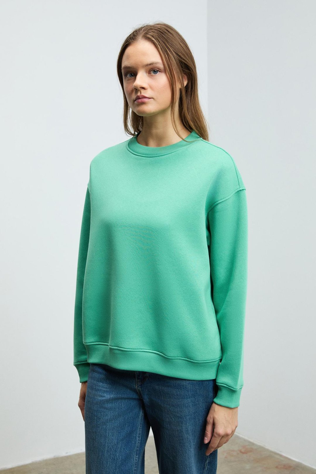 SUSANA Kadın Bisiklet Yaka İçi Polarlı Oversize Fit Basic Mint Yeşil Sweatshirt