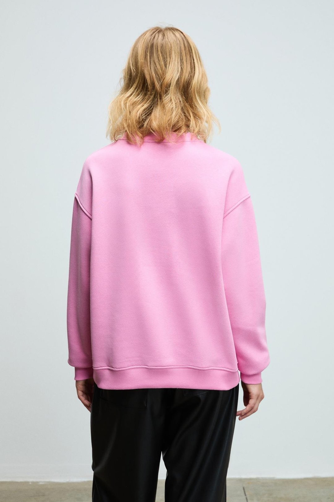 SUSANA Kadın Bisiklet Yaka İçi Polarlı Oversize Fit Basic Açık Pembe Sweatshirt