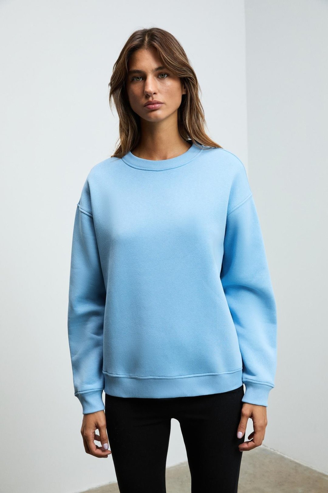 SUSANA Kadın Bisiklet Yaka İçi Polarlı Oversize Fit Basic Mavi Sweatshirt