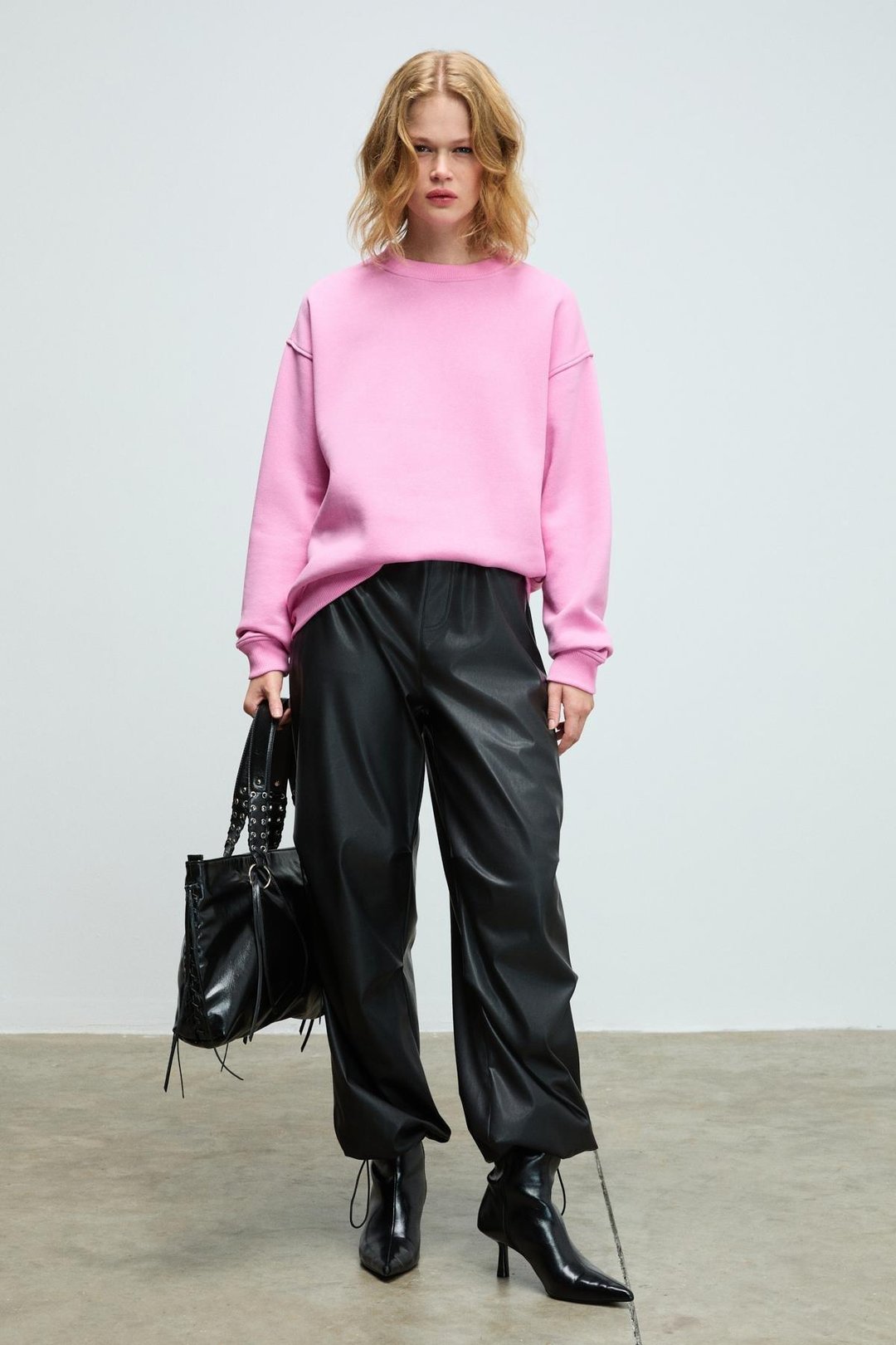 SUSANA Kadın Bisiklet Yaka İçi Polarlı Oversize Fit Basic Açık Pembe Sweatshirt