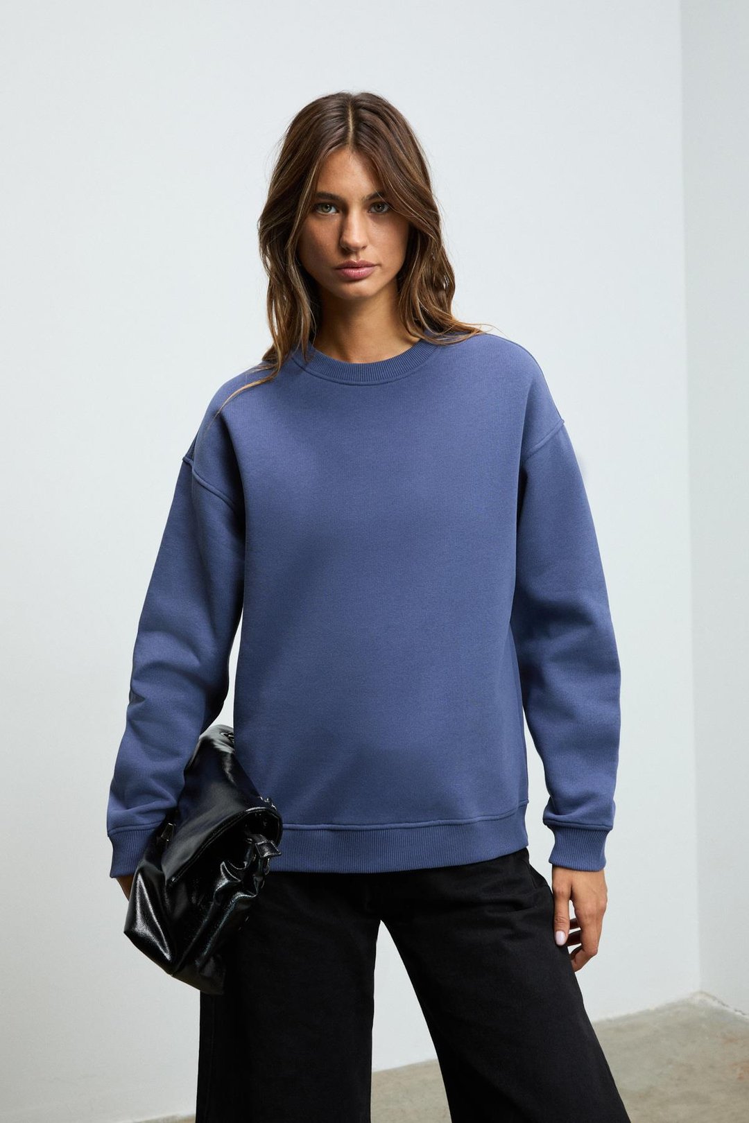 SUSANA Kadın Bisiklet Yaka İçi Polarlı Oversize Fit Basic Lacivert Sweatshirt