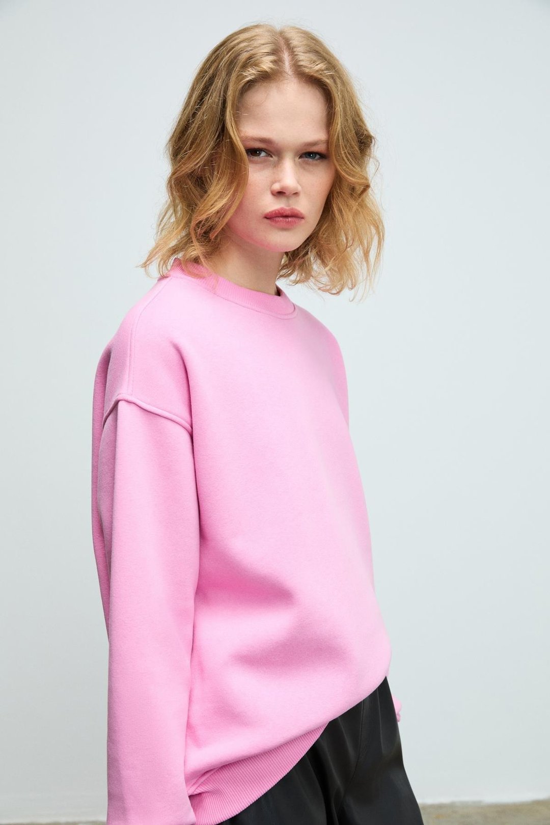 SUSANA Kadın Bisiklet Yaka İçi Polarlı Oversize Fit Basic Açık Pembe Sweatshirt