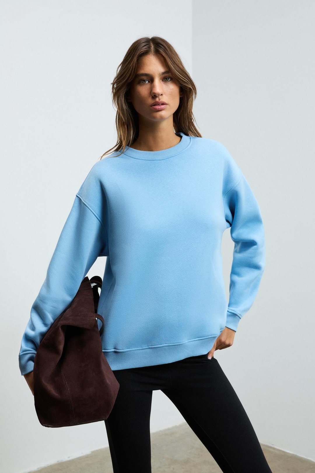 SUSANA Kadın Bisiklet Yaka İçi Polarlı Oversize Fit Basic Mavi Sweatshirt