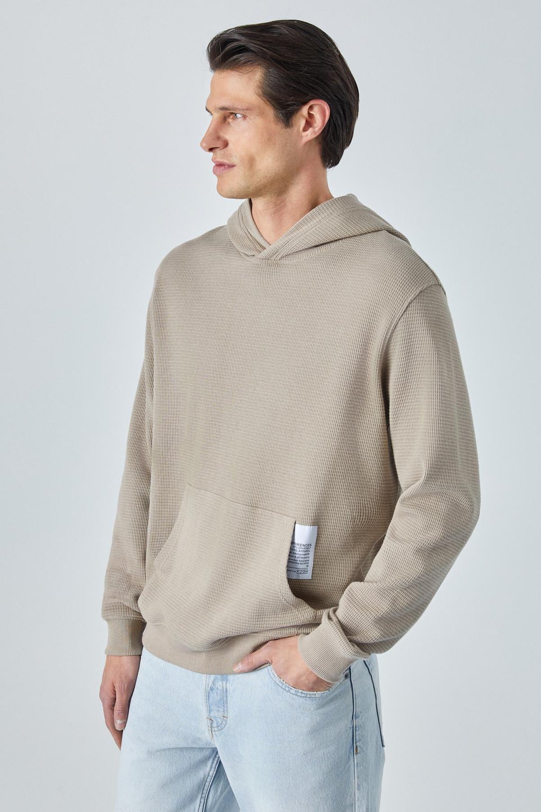 SUSTAINY Erkek Oversize Kapüşonlu Uzun Kollu Vizon Sweatshirt