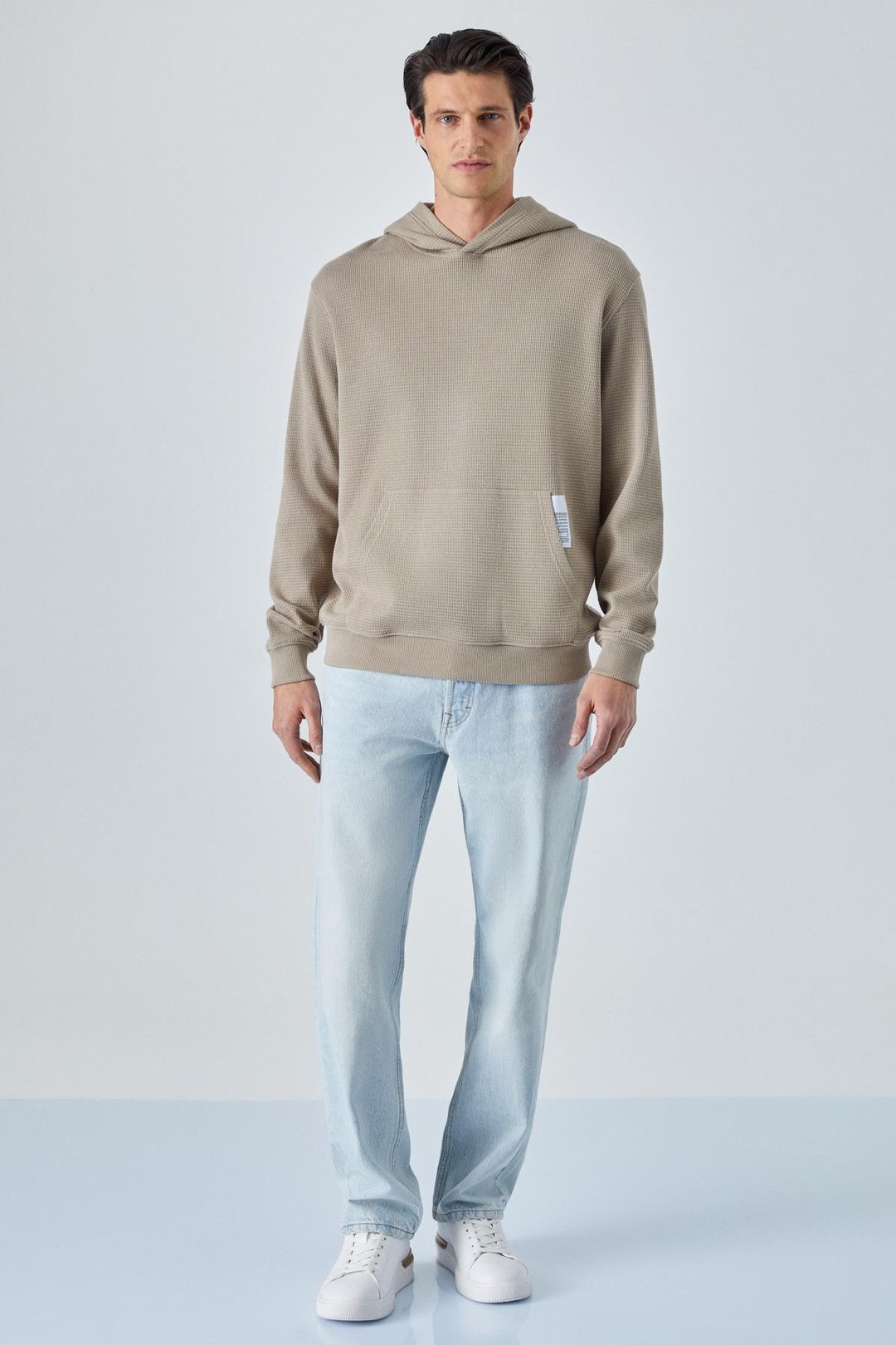 SUSTAINY Erkek Oversize Kapüşonlu Uzun Kollu Vizon Sweatshirt