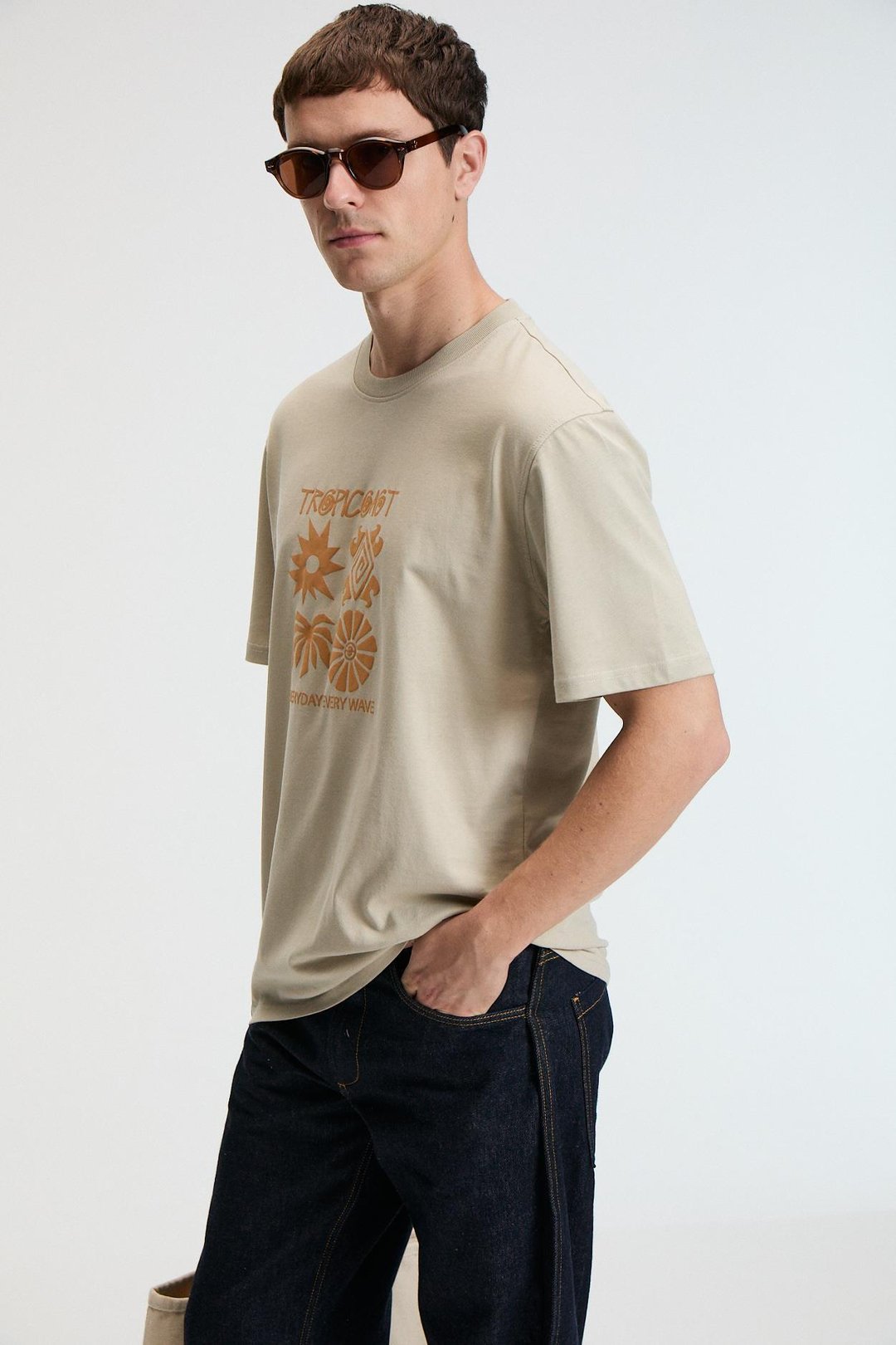 SWEET Erkek %100 Pamuk Oversize Fit Baskılı Kısa Kollu Yuvarlak Yakalı Taş Rengi T-Shirt