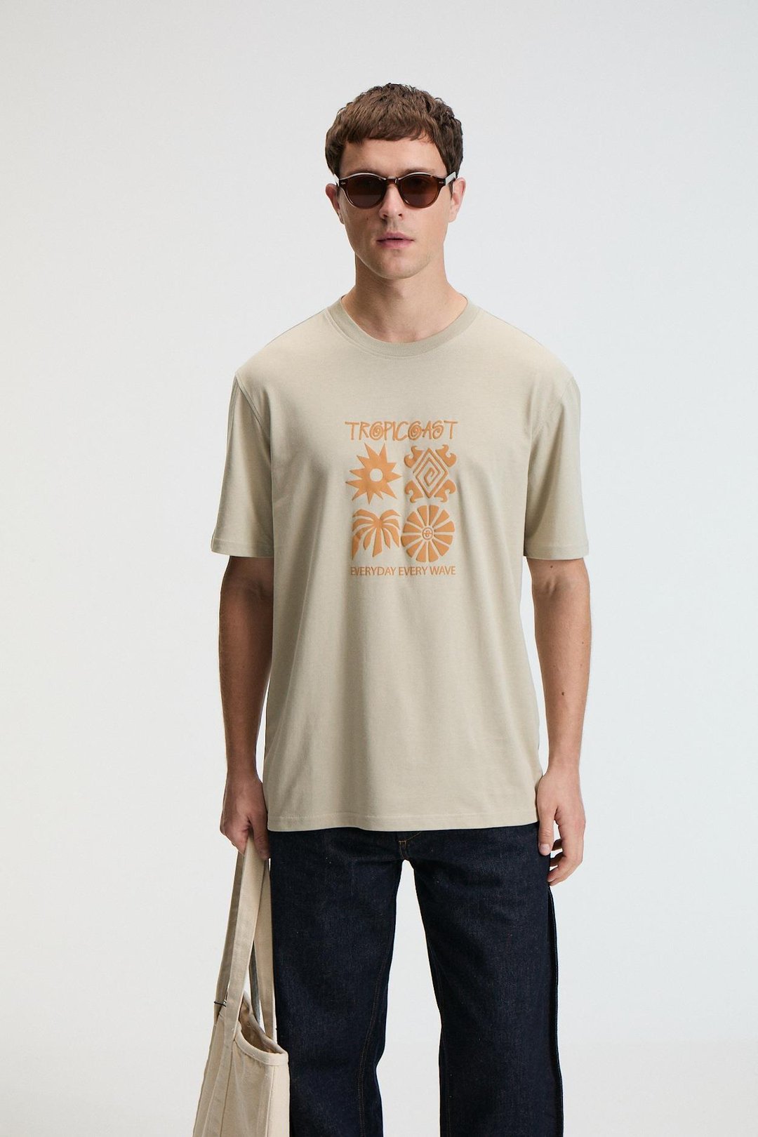 SWEET Erkek %100 Pamuk Oversize Fit Baskılı Kısa Kollu Yuvarlak Yakalı Taş Rengi T-Shirt