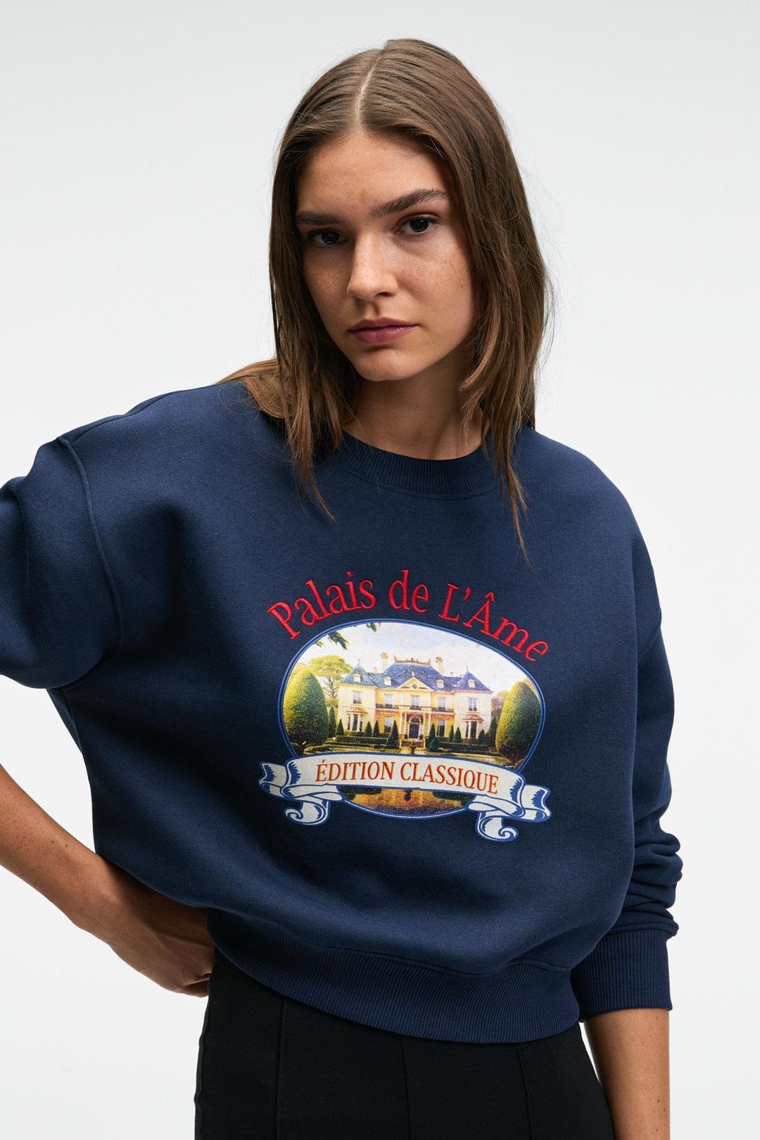 TALMERA Kadın Önü Baskılı Yuvarlak Yaka Lacivert Sweatshirt