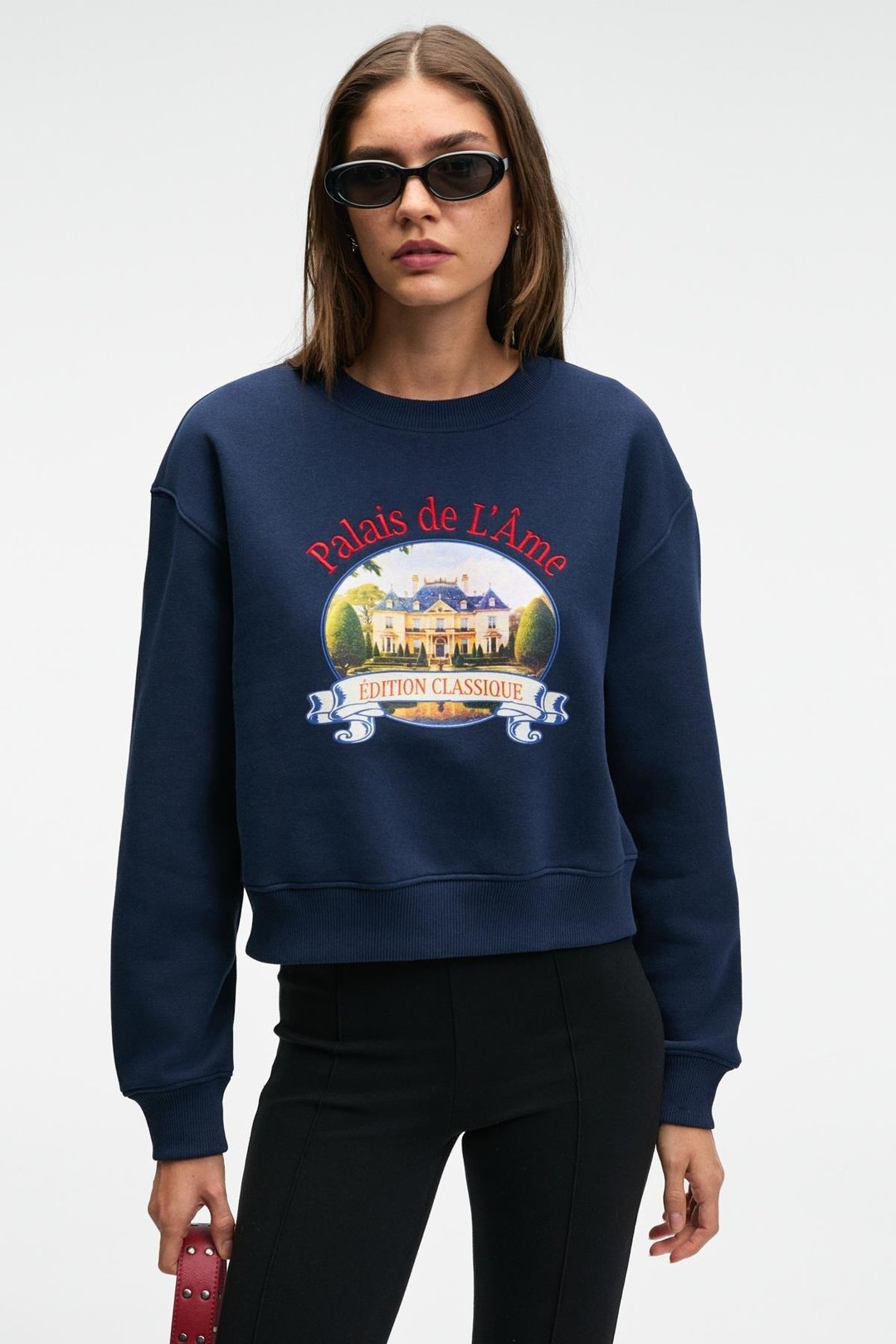 TALMERA Kadın Önü Baskılı Yuvarlak Yaka Lacivert Sweatshirt