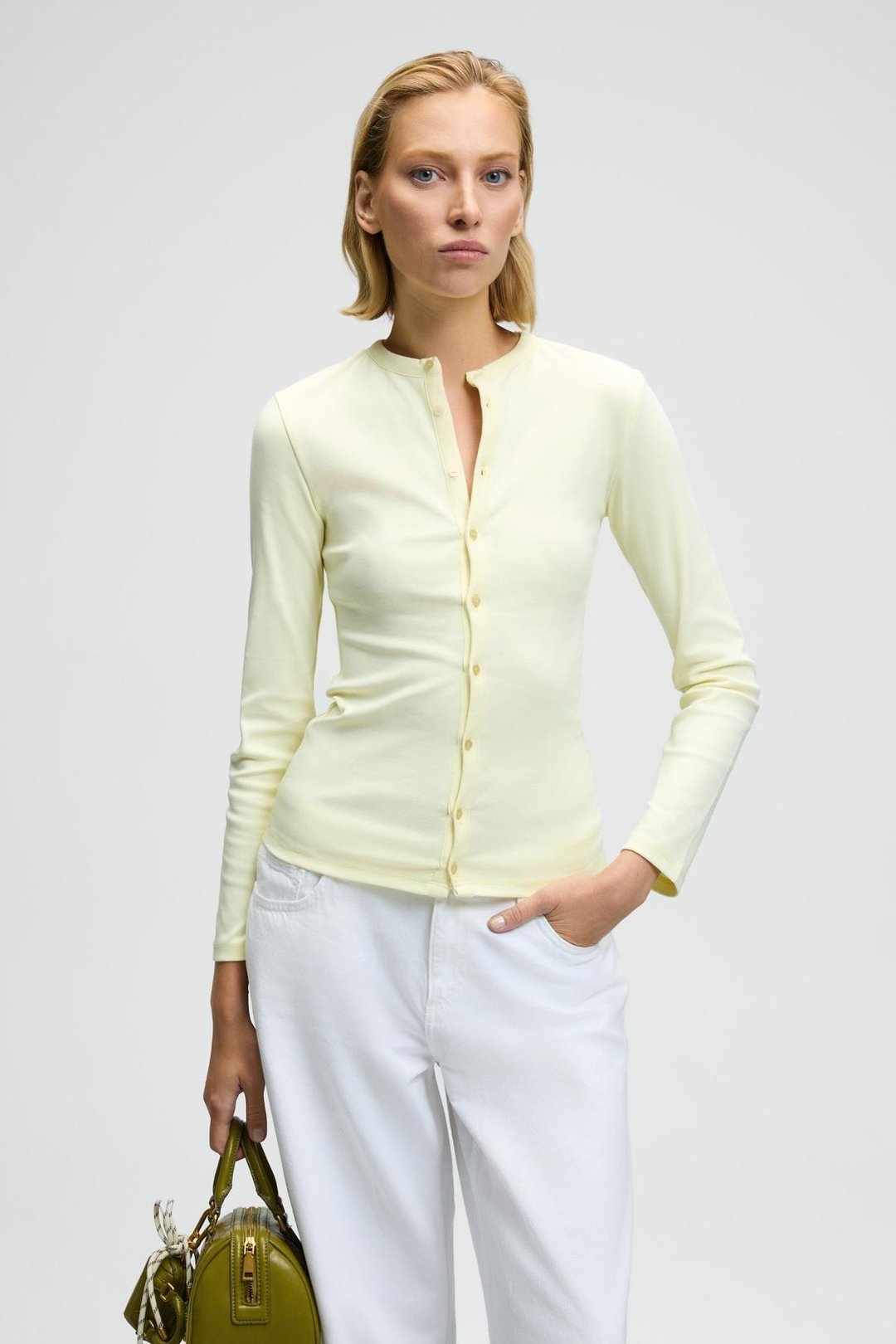 TALUVIA Kadın Esnek Kumaşlı Vücuda Oturan Slim Fit Düğmeli Sarı Bluz