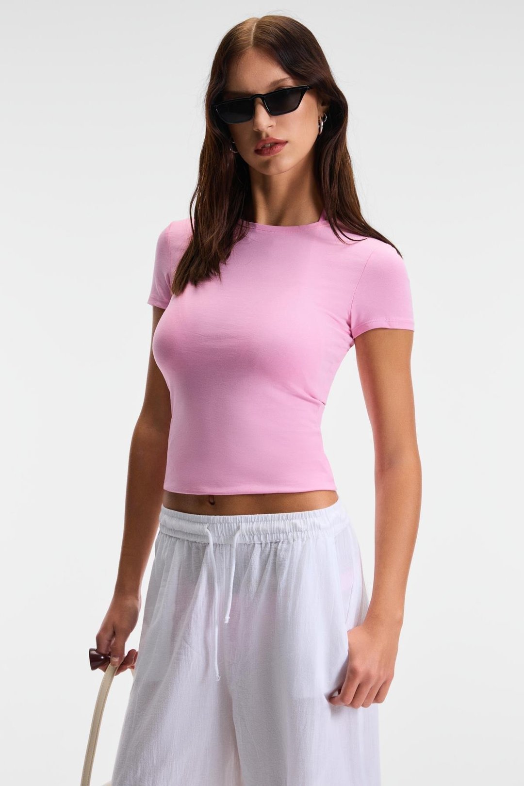 TARELIA Kadın Bisiklet Yaka Kısa Kollu Slim Pembe T-Shirt