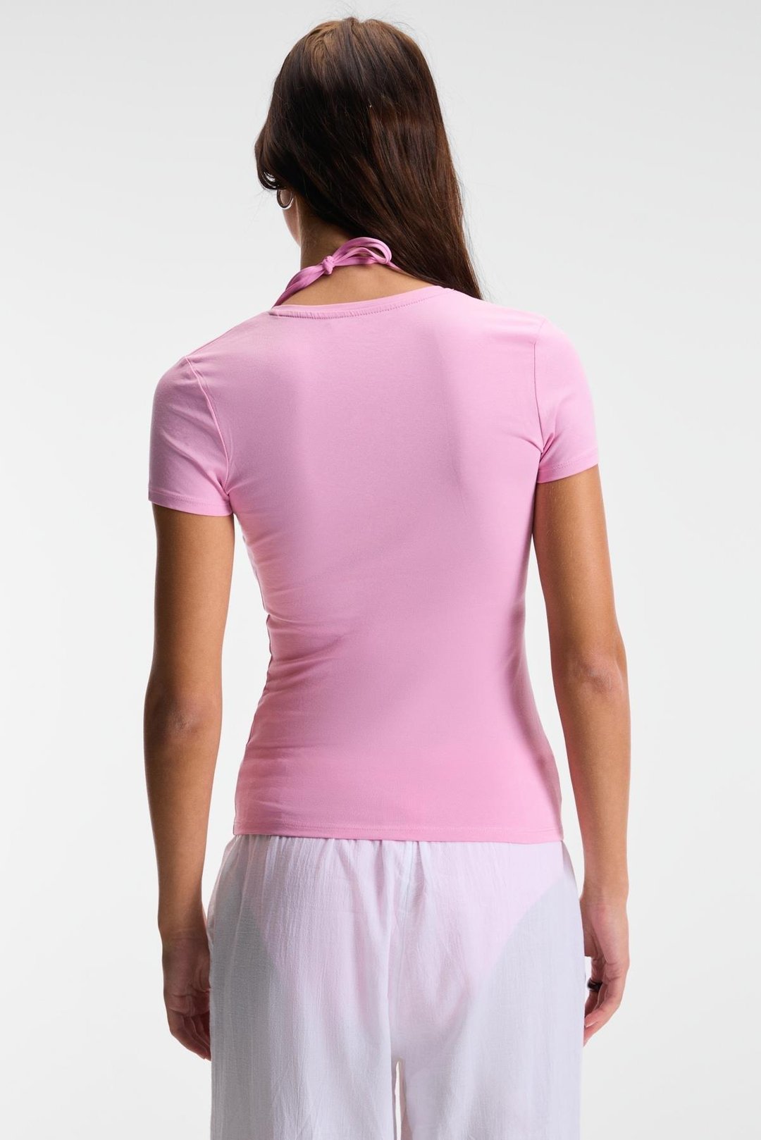 TARELIA Kadın Bisiklet Yaka Kısa Kollu Slim Pembe T-Shirt