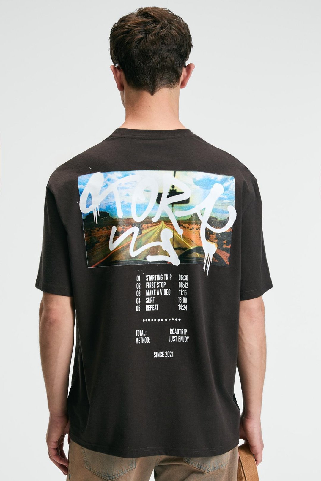 TASTY Erkek %100 Pamuk Oversize Fit Baskılı Kısa Kollu Yuvarlak Yakalı Kahverengi T-Shirt