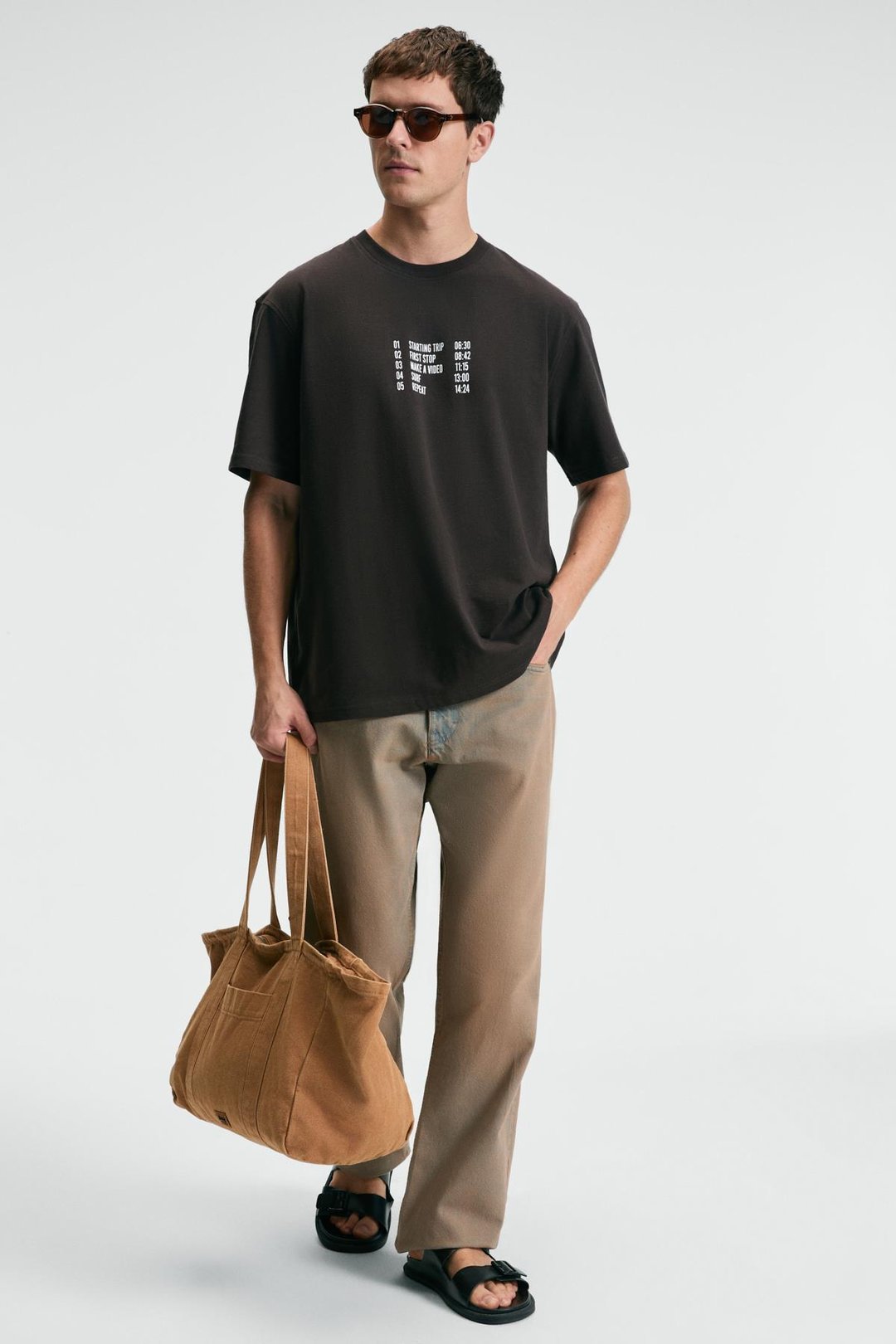 TASTY Erkek %100 Pamuk Oversize Fit Baskılı Kısa Kollu Yuvarlak Yakalı Kahverengi T-Shirt