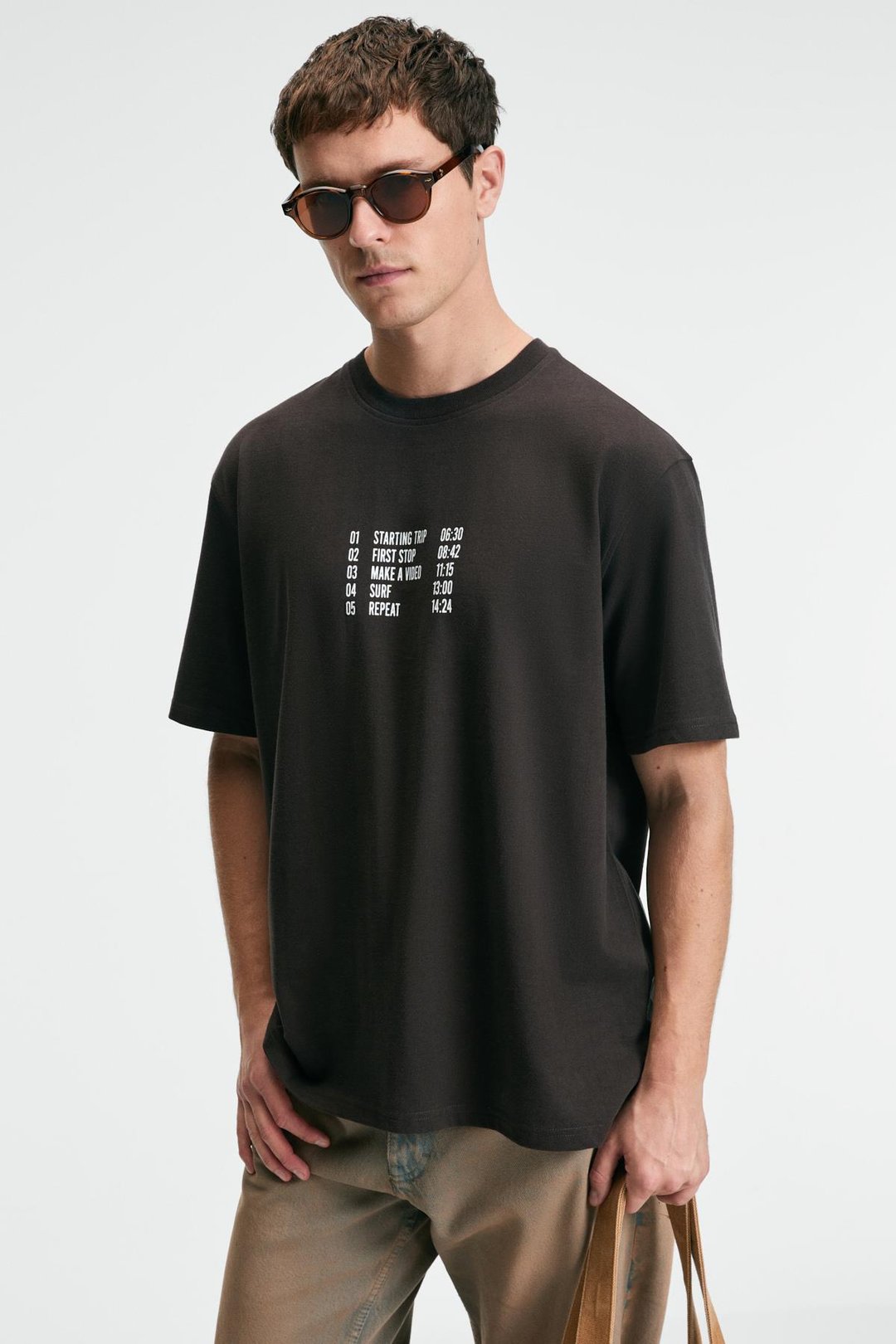 TASTY Erkek %100 Pamuk Oversize Fit Baskılı Kısa Kollu Yuvarlak Yakalı Kahverengi T-Shirt