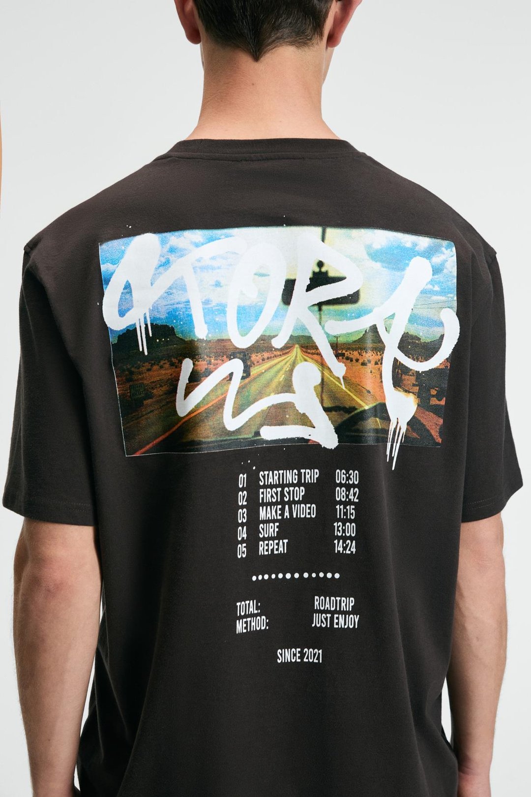 TASTY Erkek %100 Pamuk Oversize Fit Baskılı Kısa Kollu Yuvarlak Yakalı Kahverengi T-Shirt