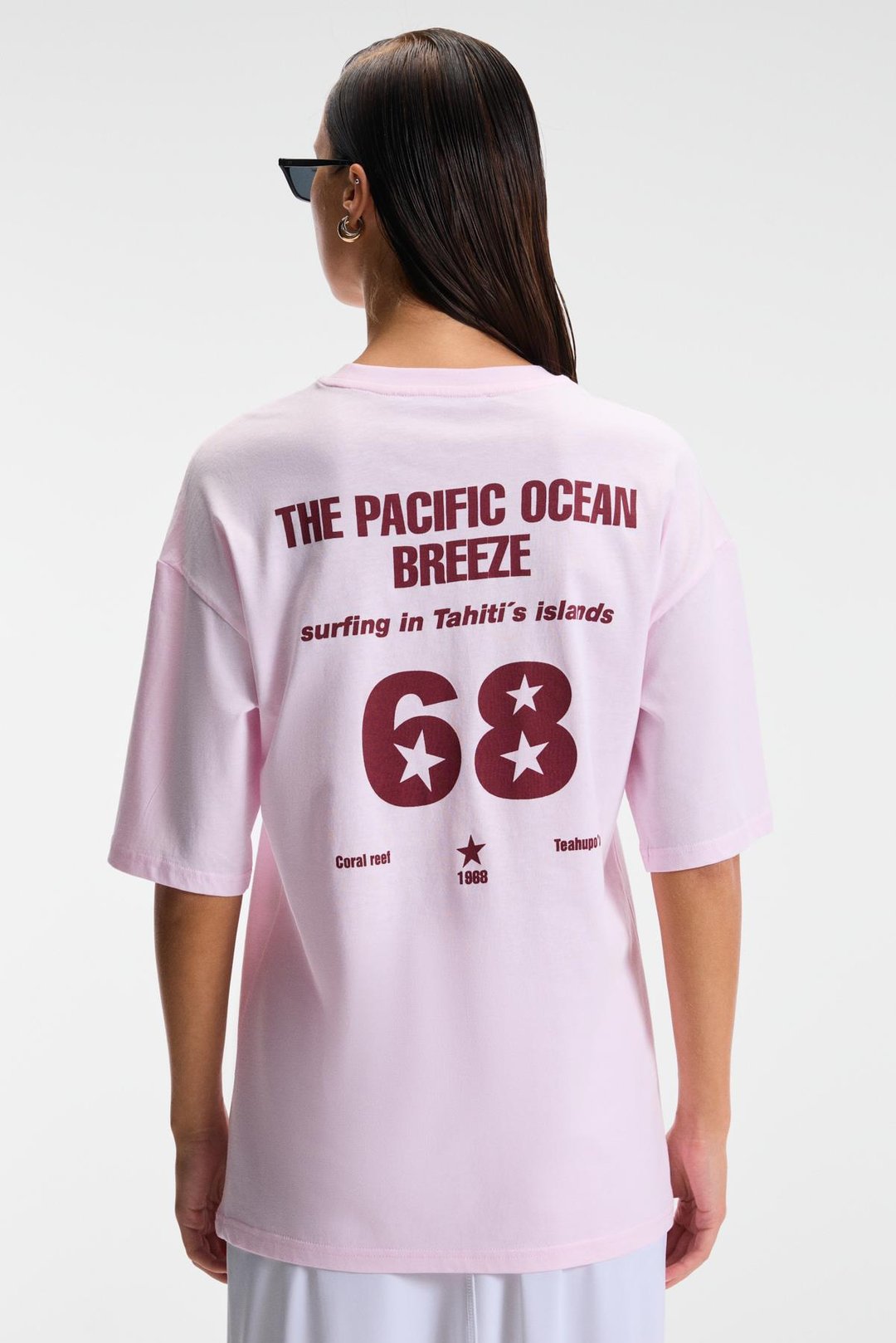 TAVENA Kadın %100 Pamuk Baskılı Oversize Fit Kısa Kollu Yuvarlak Yaka Pembe T-Shirt