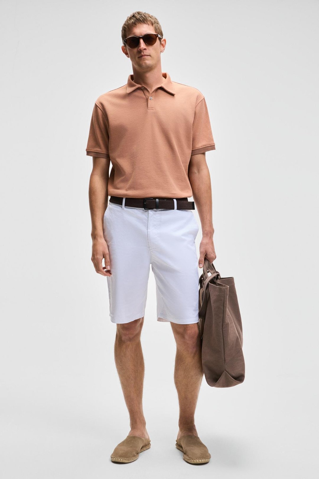 TEEMO Erkek Yanları Cepli Fermuarlı Likralı Slim Fit Beyaz Şort