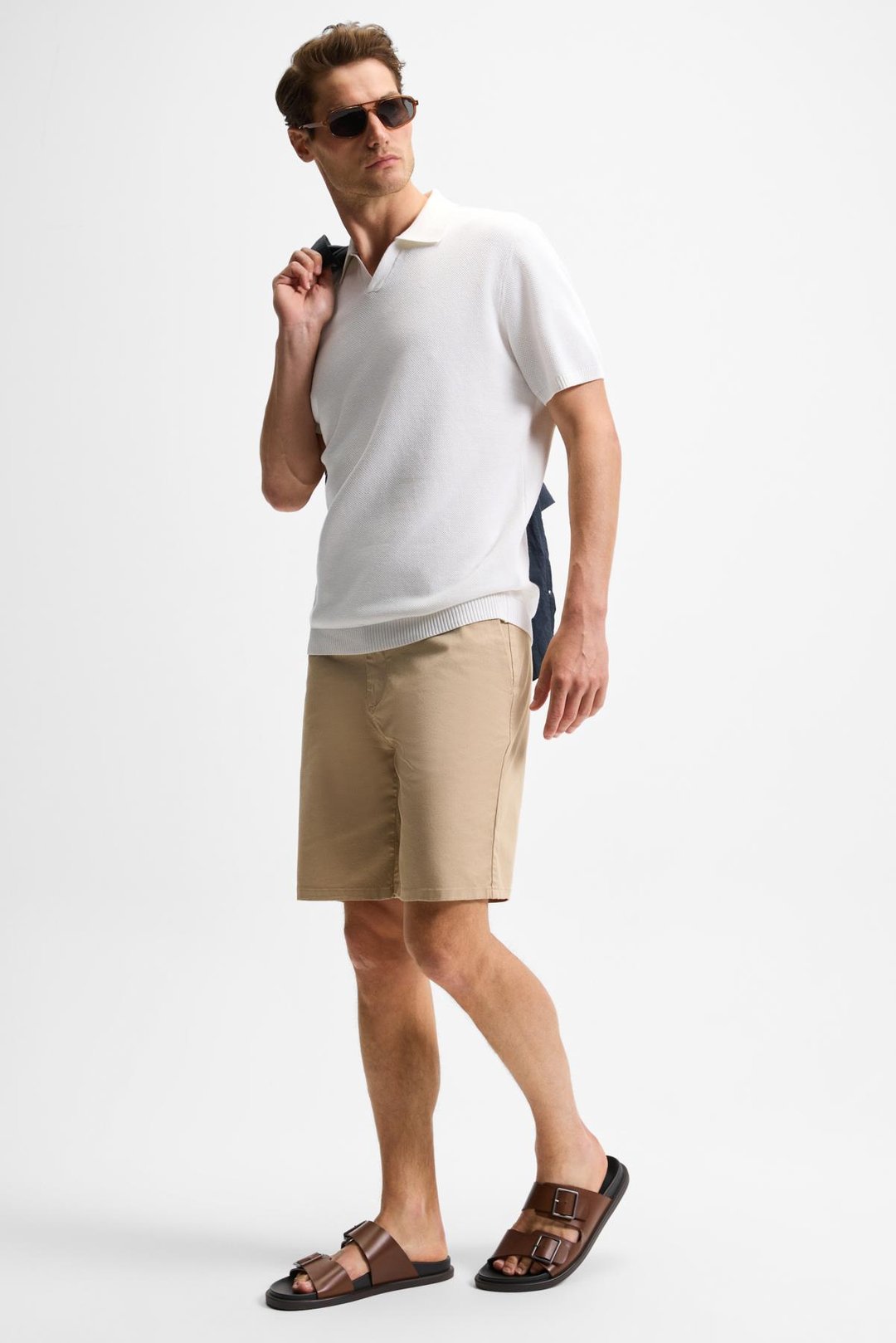 TEEMO Erkek Yanları Cepli Fermuarlı Likralı Slim Fit Bej Şort