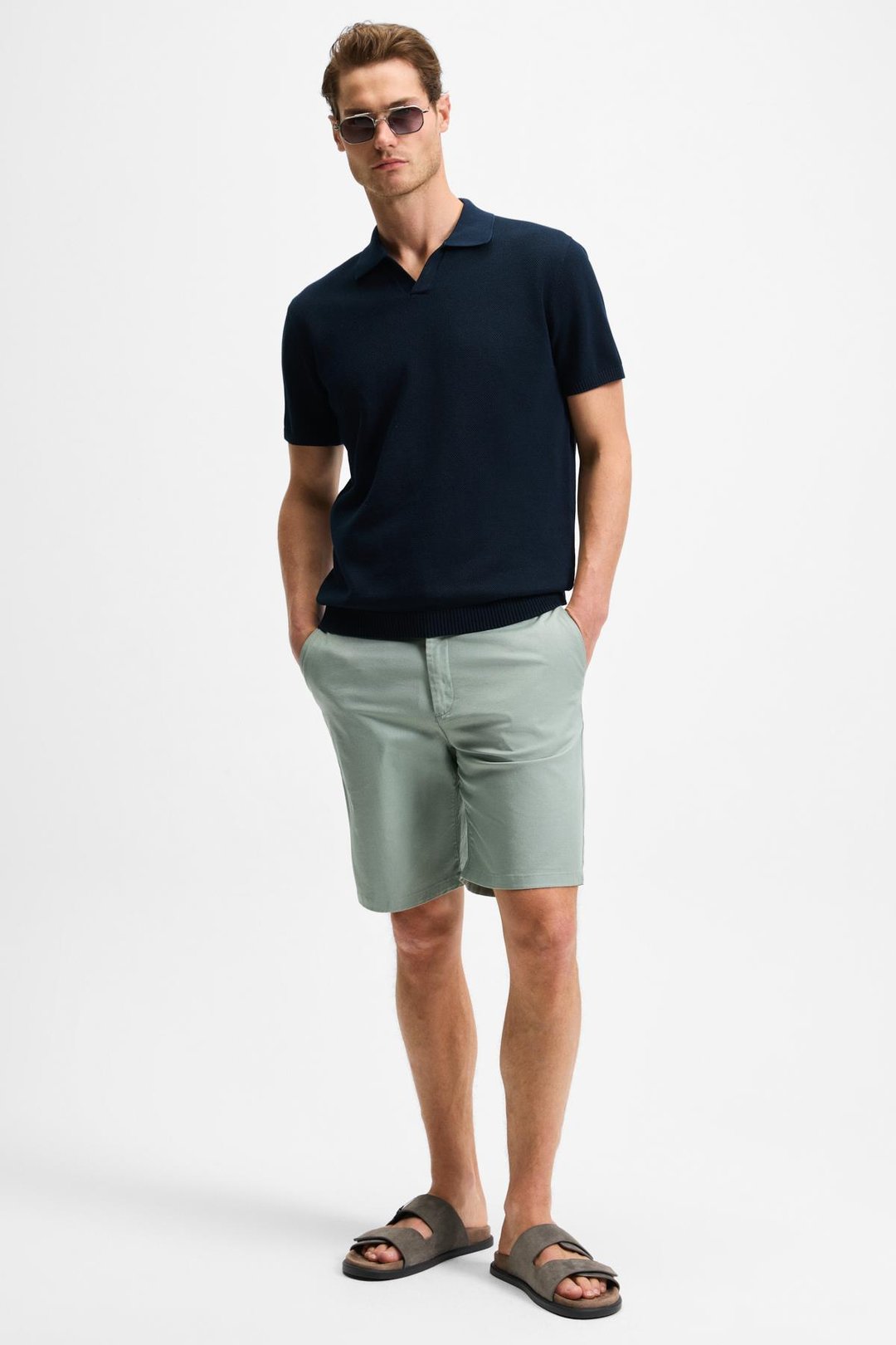 TEEMO Erkek Yanları Cepli Fermuarlı Likralı Slim Fit Yeşil Şort