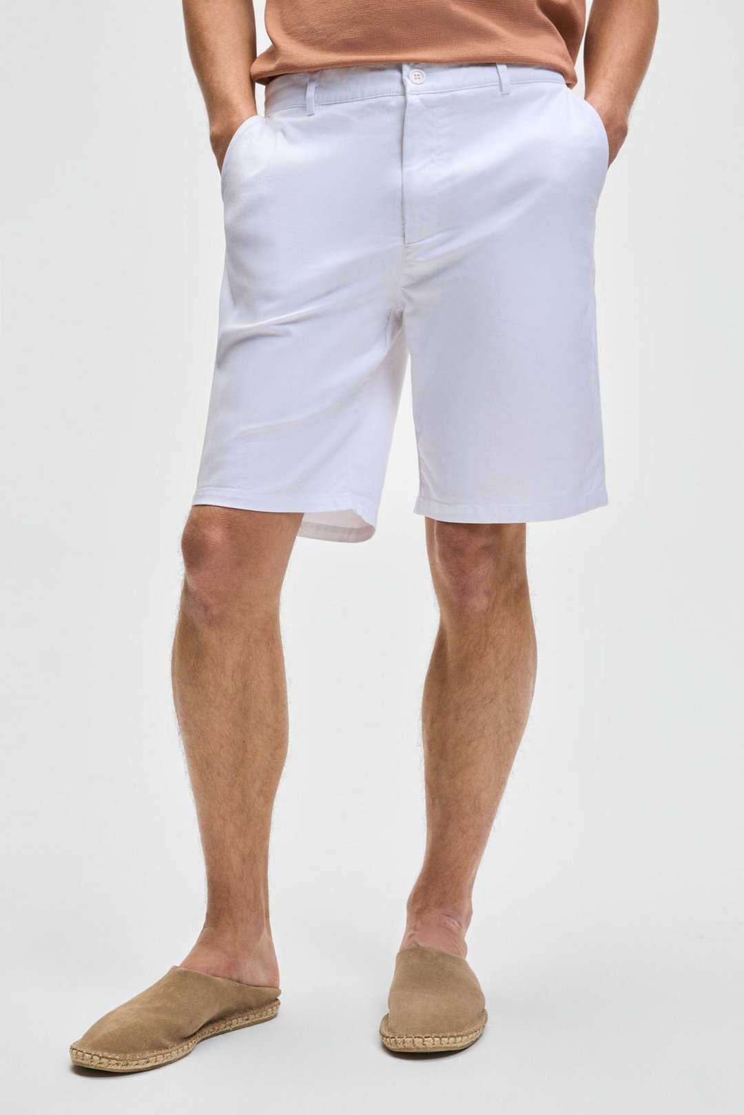 TEEMO Erkek Yanları Cepli Fermuarlı Likralı Slim Fit Beyaz Şort