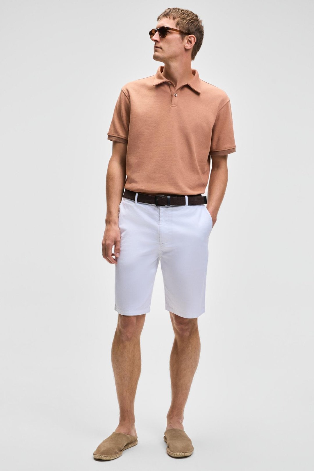 TEEMO Erkek Yanları Cepli Fermuarlı Likralı Slim Fit Beyaz Şort