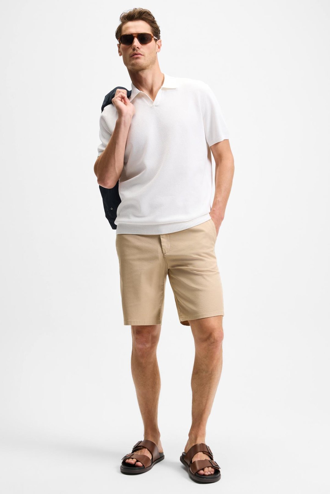 TEEMO Erkek Yanları Cepli Fermuarlı Likralı Slim Fit Bej Şort