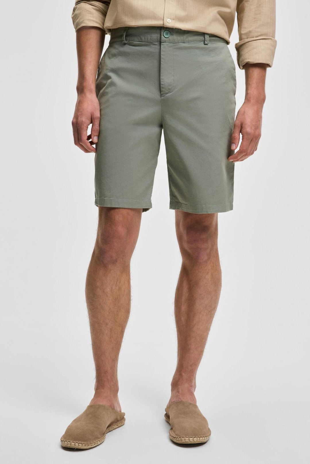 TEEMO Erkek Yanları Cepli Fermuarlı Likralı Slim Fit Açık Haki Şort