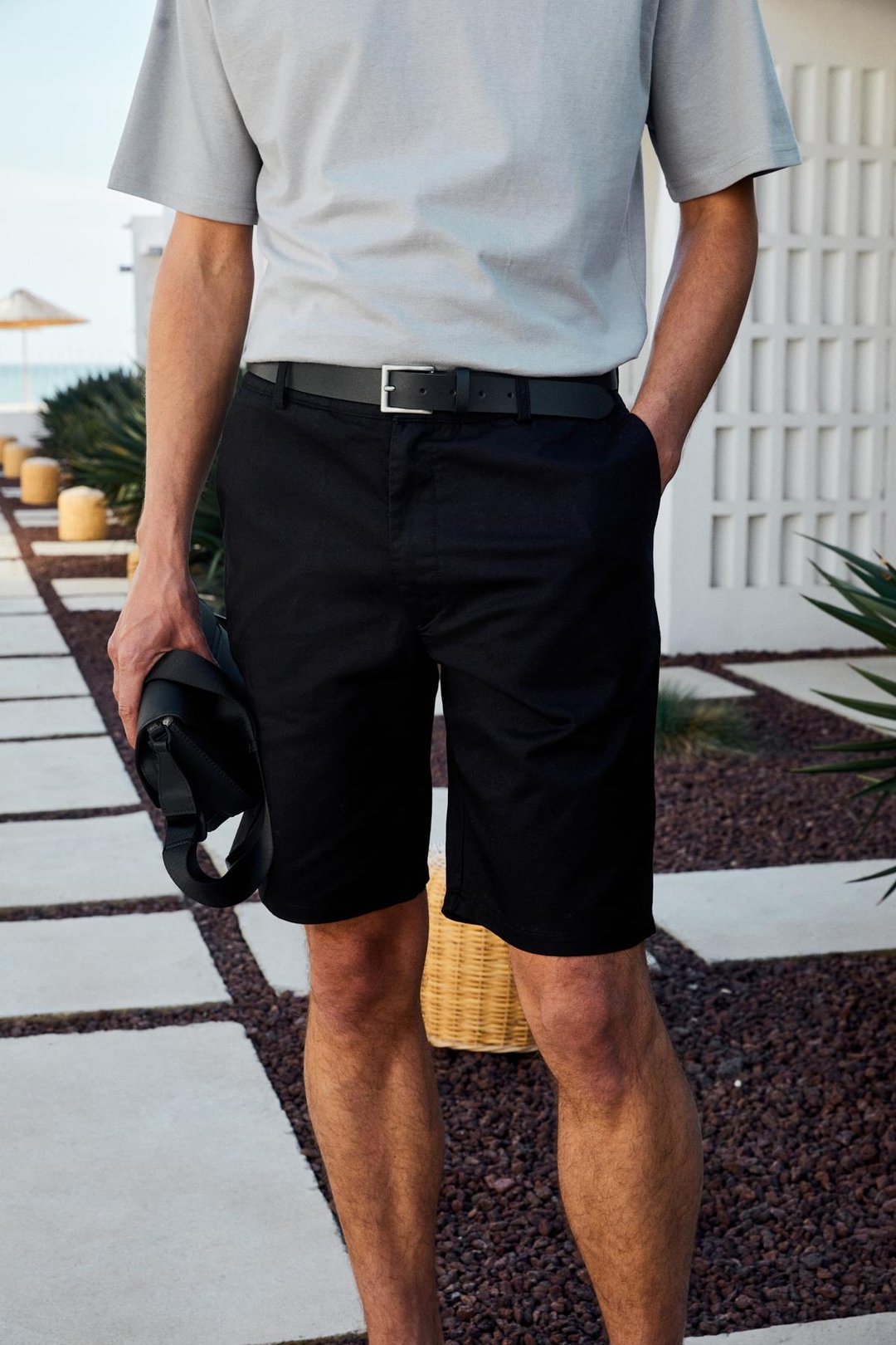 TEEMO Erkek Yanları Cepli Fermuarlı Likralı Slim Fit Siyah Şort